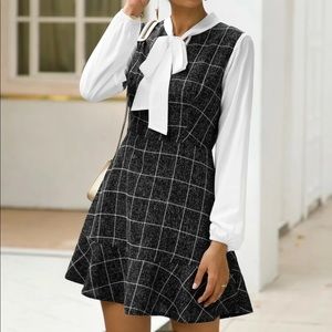 Tie Neck ruffle hem plaid combo dress